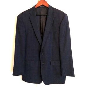 Calvin Klein Mens Two Button Blazer Black 100% Wool Plaid Lined Notch 44L